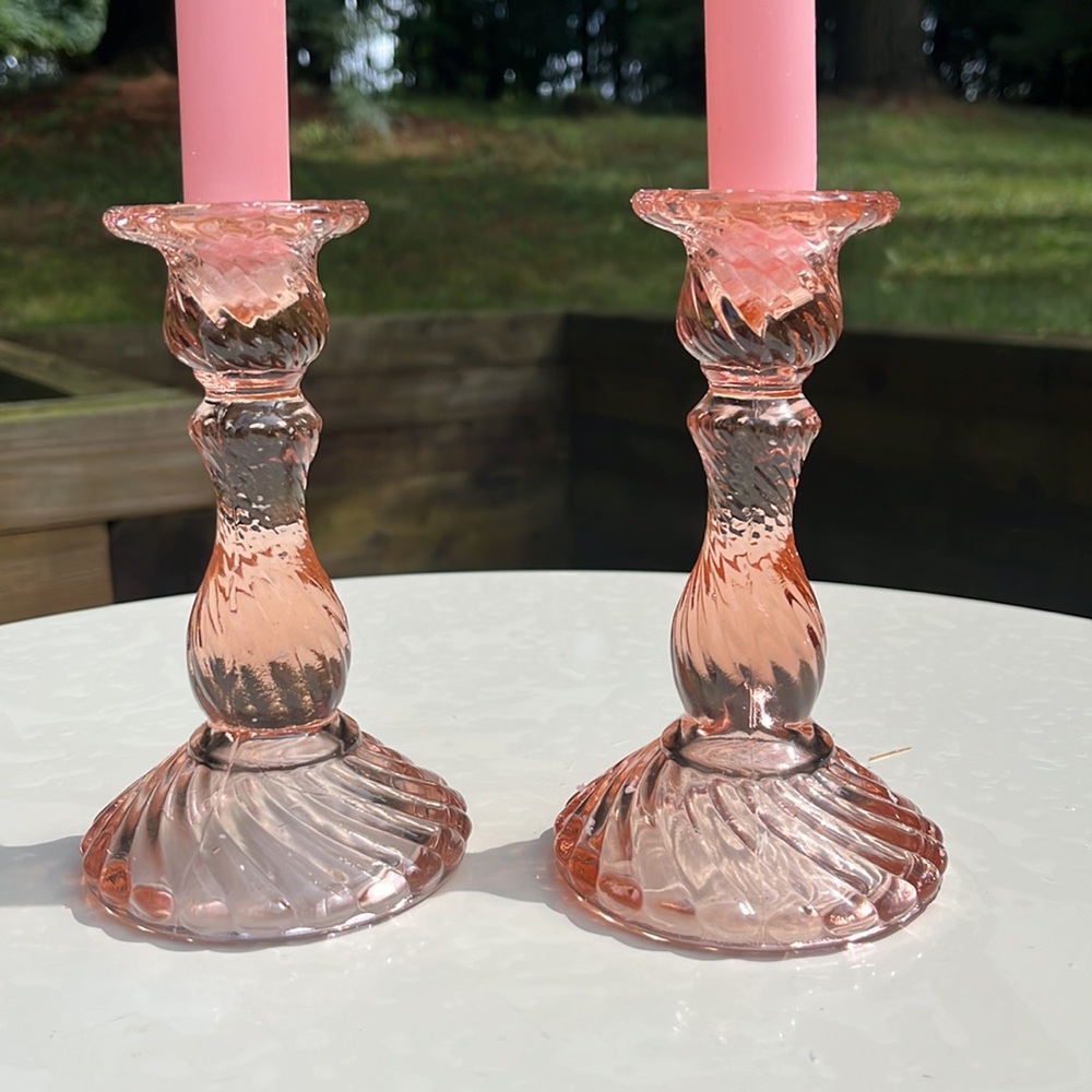 Taiwan Pink Depression Glass (Set of 2) Candlesticks Holders GLOW 6" Tall